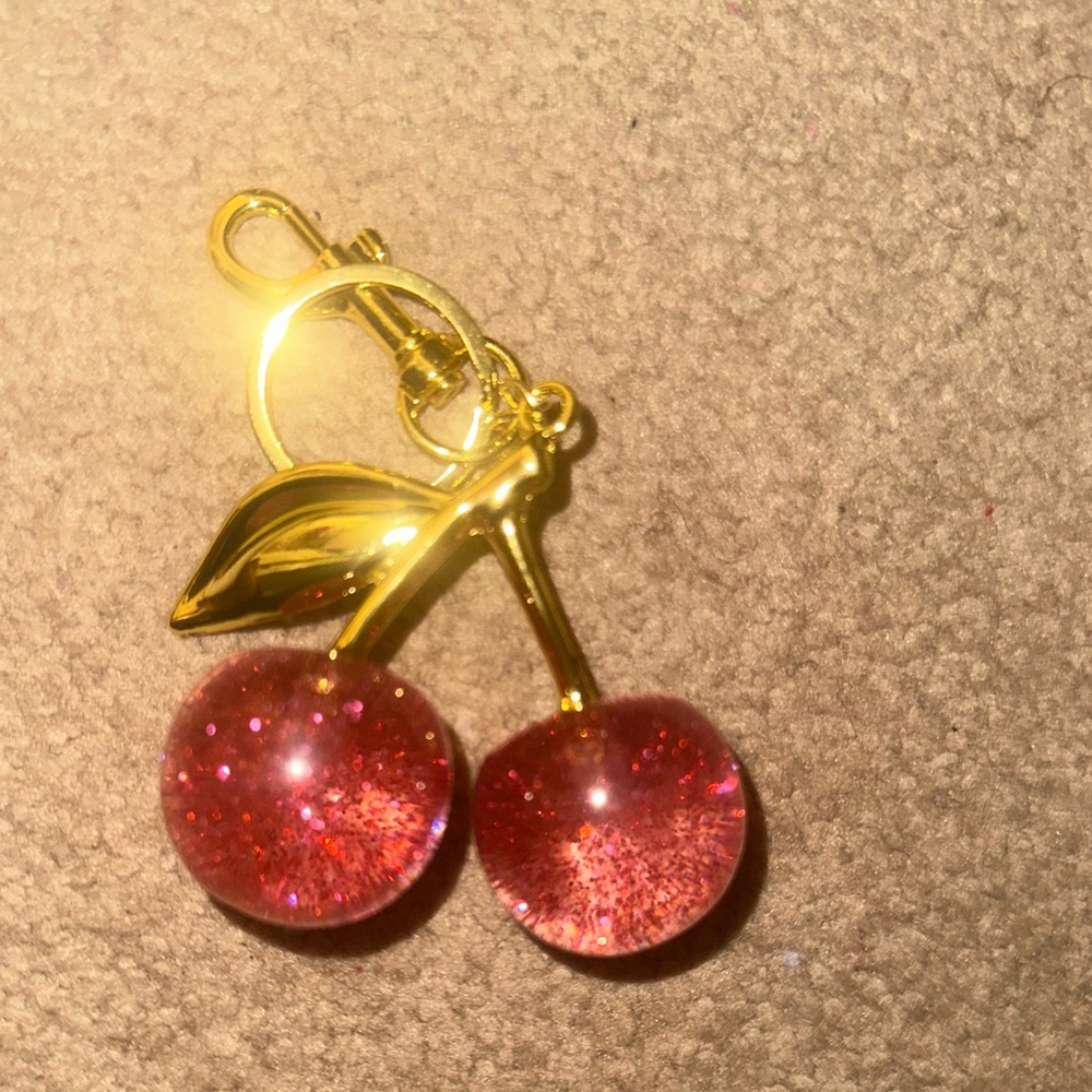 Pink and gold cherry charm for purse keychain or car pendant